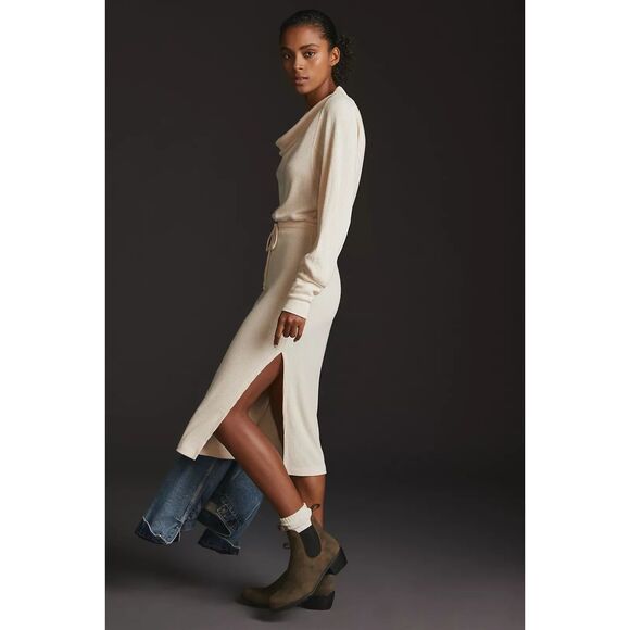 ANTHROPOLOGIE Daily Practice Cream Ribbed Cowl Neck Sweater Midi Dress Small - Picture 3 of 12